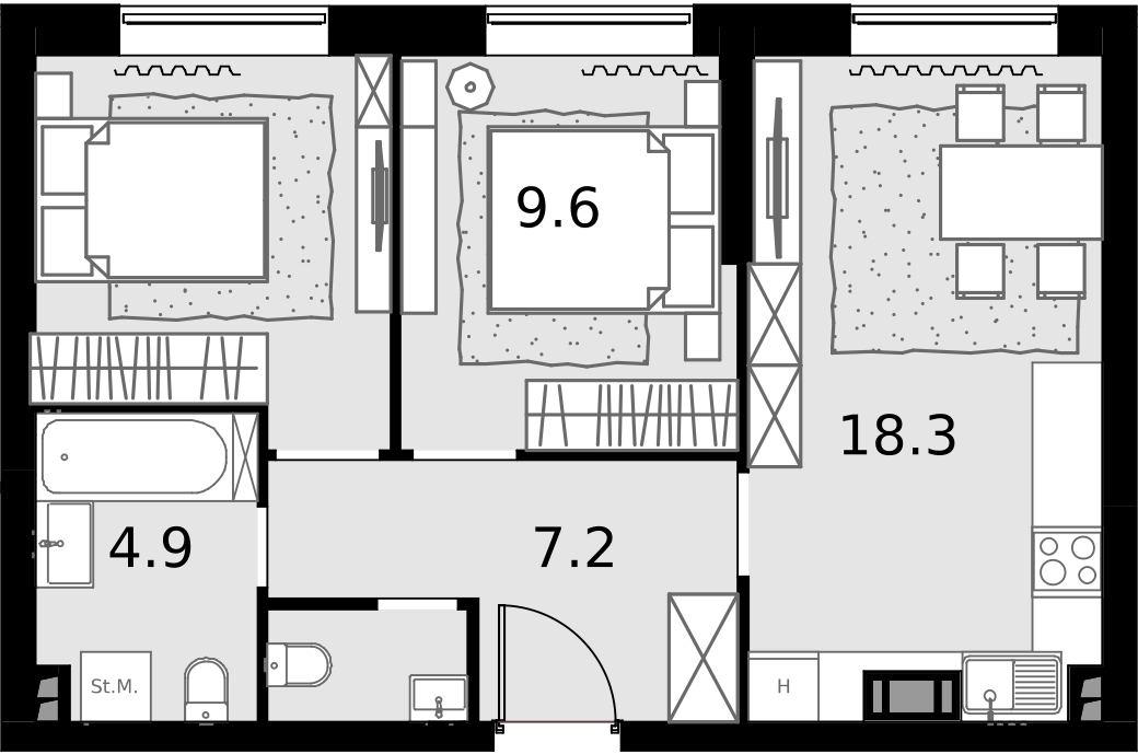 2 комн. квартира, 51.3 м², 4 этаж  (из 28)