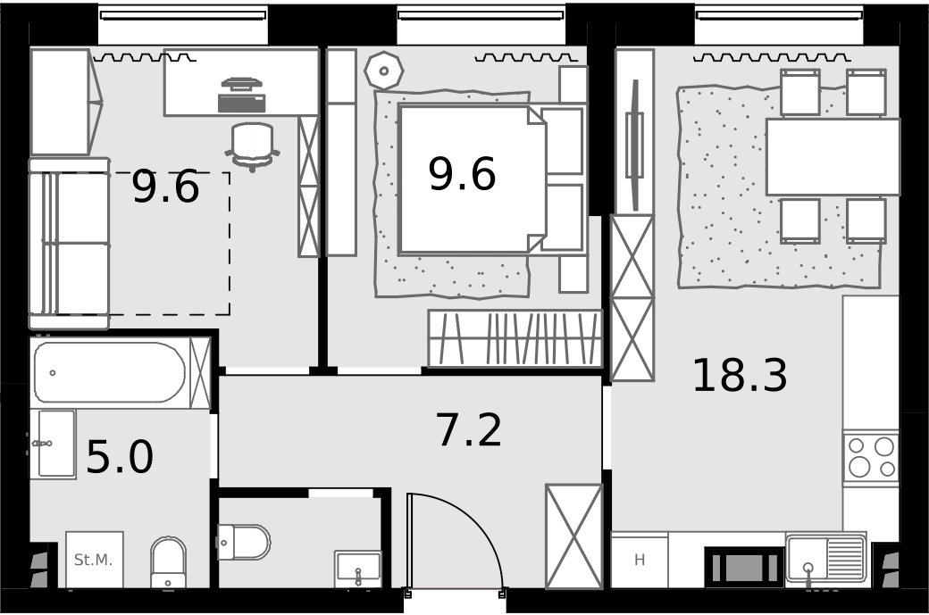 2 комн. квартира, 51.4 м², 5 этаж  (из 28)