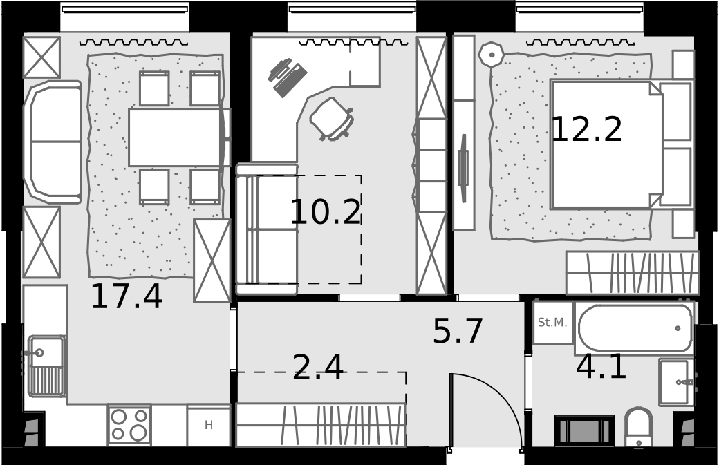 2 комн. квартира, 52 м², 5 этаж  (из 28)