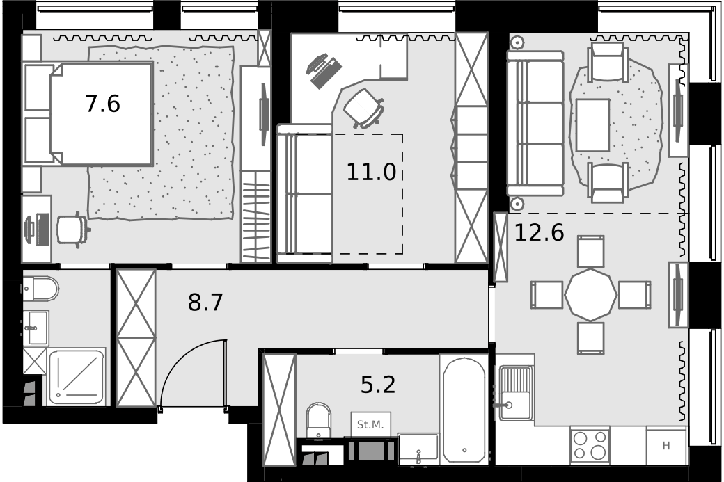 3 комн. квартира, 61.4 м², 6 этаж  (из 28)