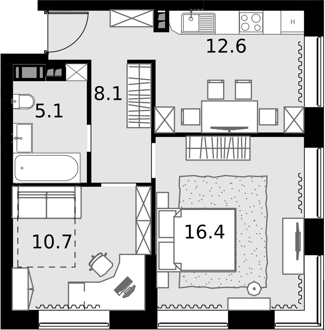 2 комн. квартира, 52.9 м², 5 этаж  (из 28)