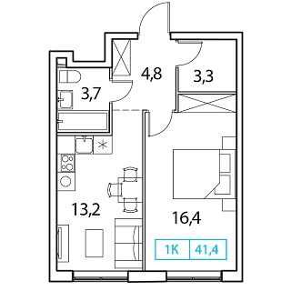 1 комн. квартира, 41.4 м², 17 этаж 