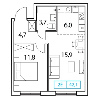 1 комн. квартира, 42.1 м², 17 этаж 
