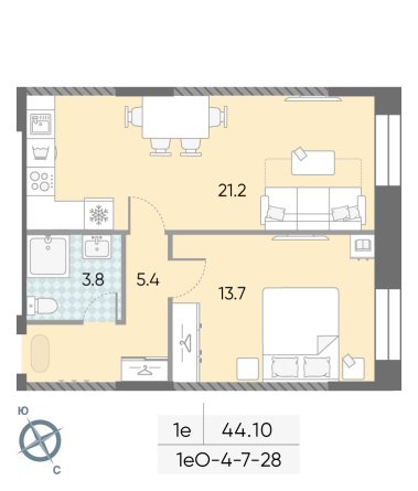 1 комн. квартира, 44.1 м², 13 этаж 