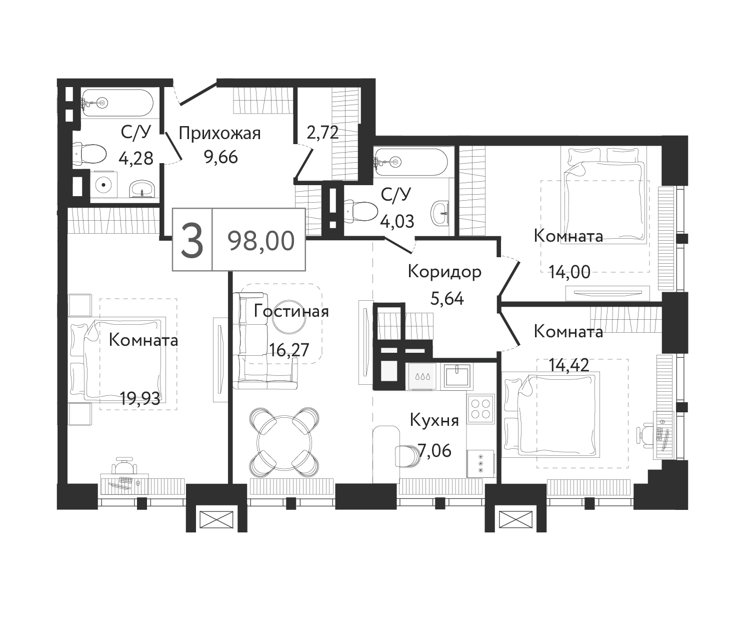 3 комн. квартира, 100.8 м², 10 этаж 