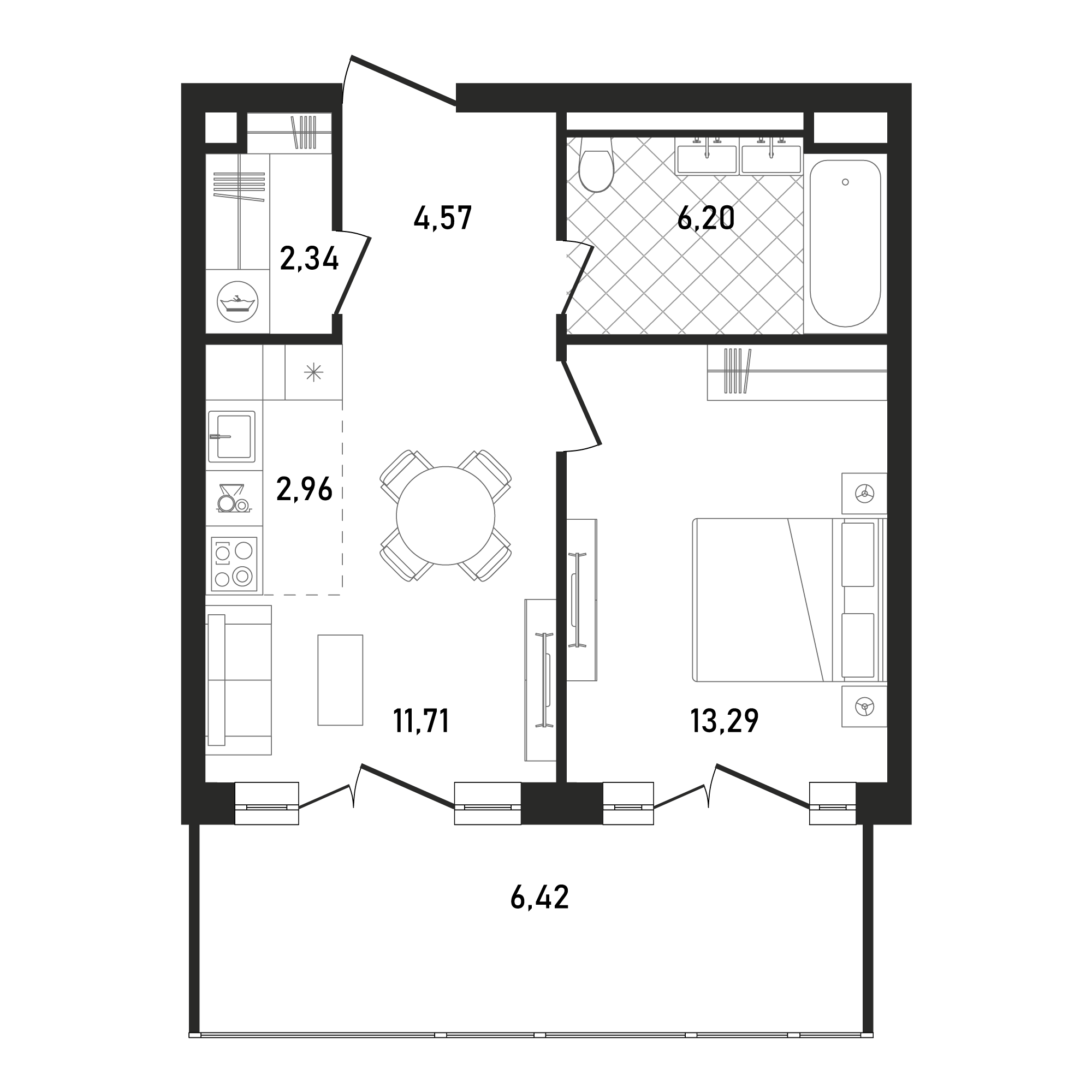 2 комн. квартира, 47.5 м², 31 этаж 