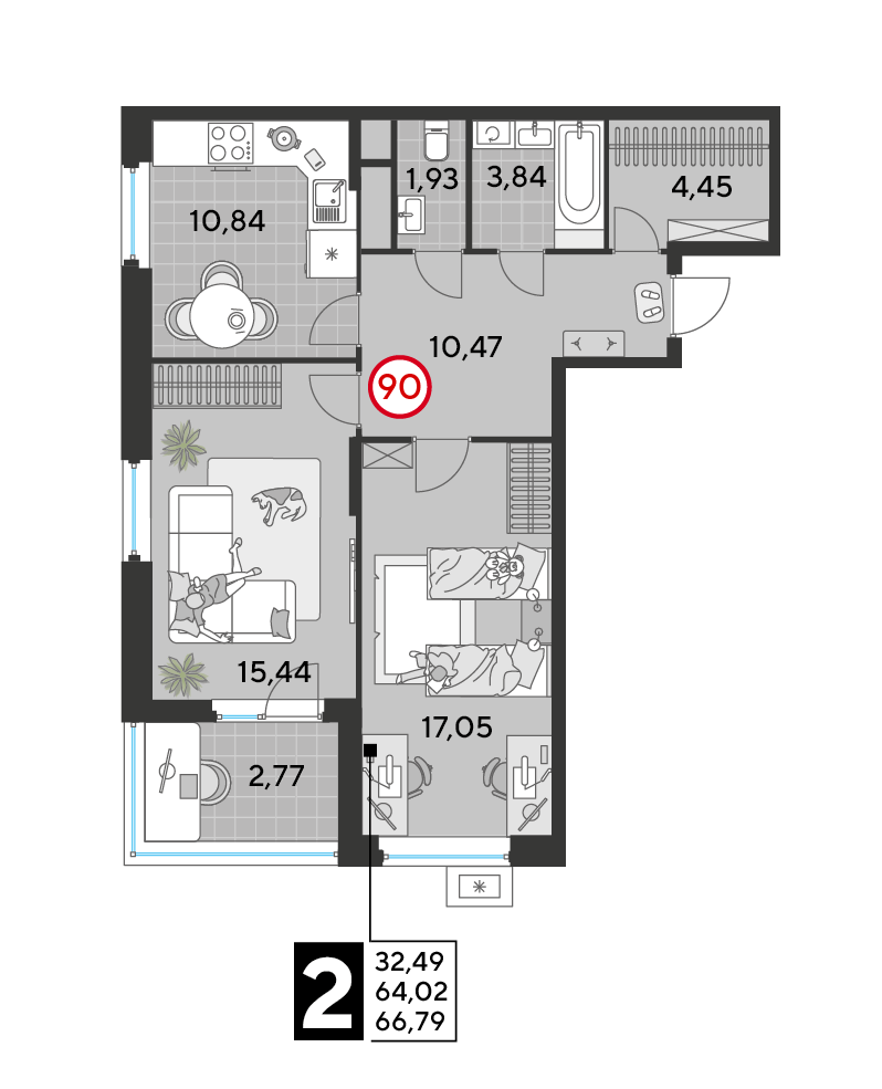 2 комн. квартира, 66.8 м², 8 этаж 
