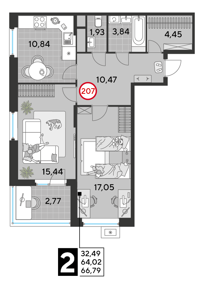 2 комн. квартира, 66.8 м², 17 этаж 