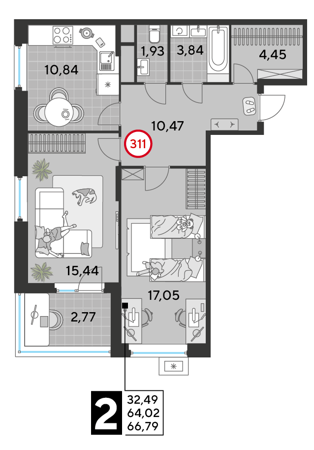 2 комн. квартира, 66.8 м², 25 этаж 