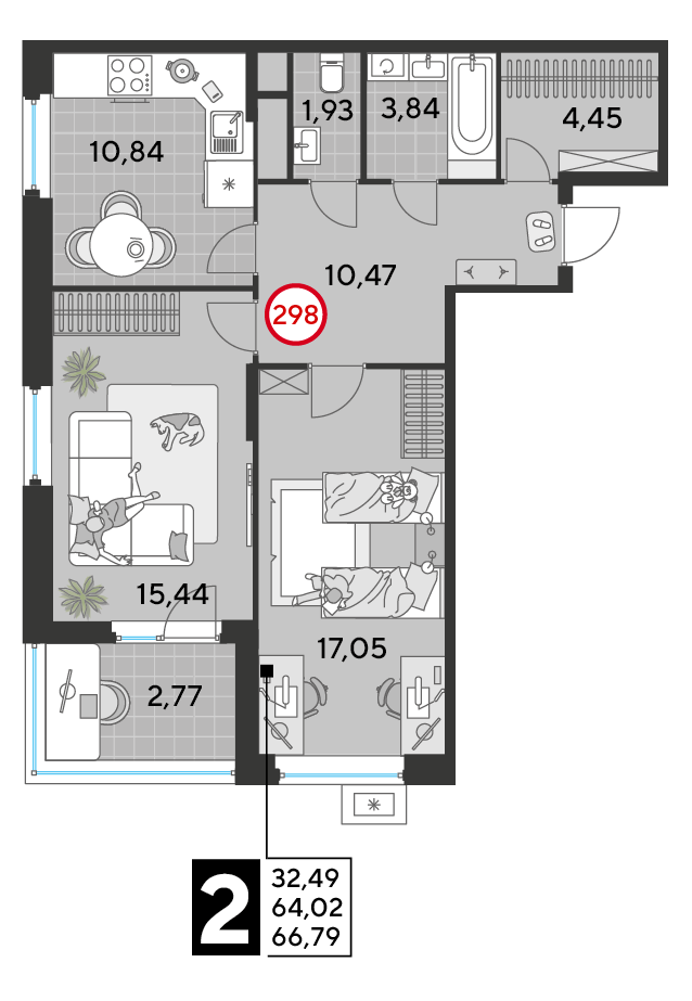 2 комн. квартира, 66.8 м², 24 этаж 