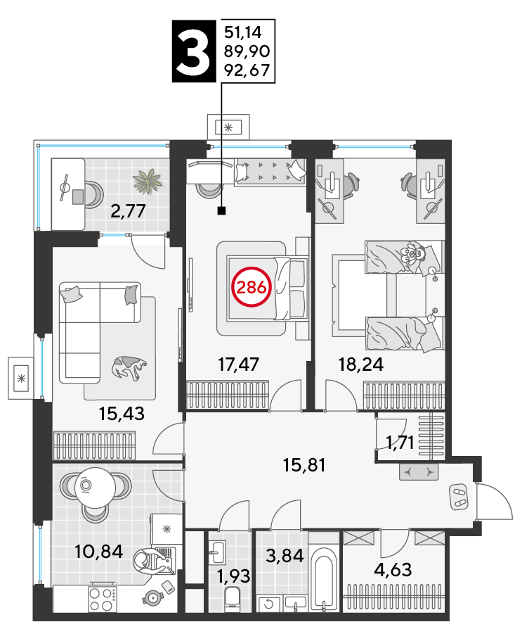 3 комн. квартира, 92.7 м², 24 этаж 