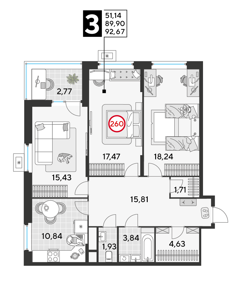 3 комн. квартира, 92.7 м², 22 этаж 