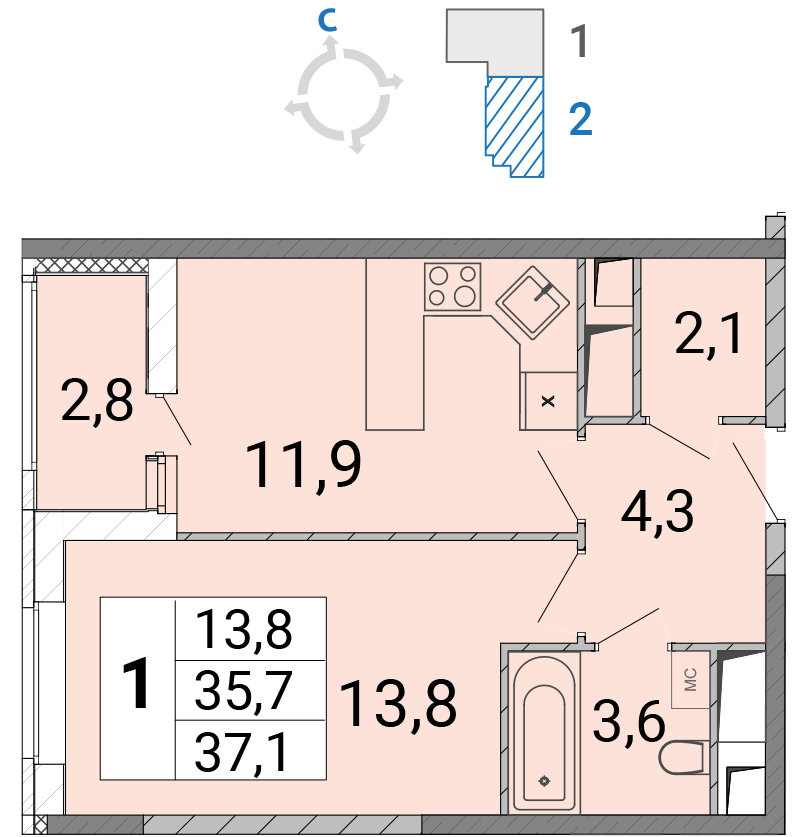 1 комн. квартира, 37.3 м², 12 этаж 