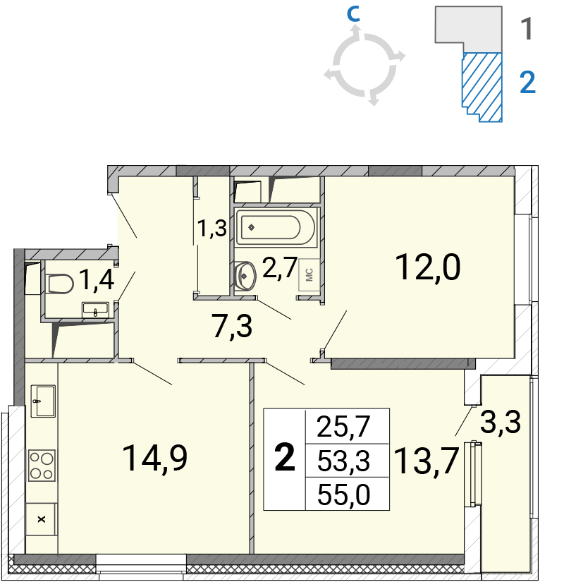 2 комн. квартира, 55.4 м², 16 этаж 