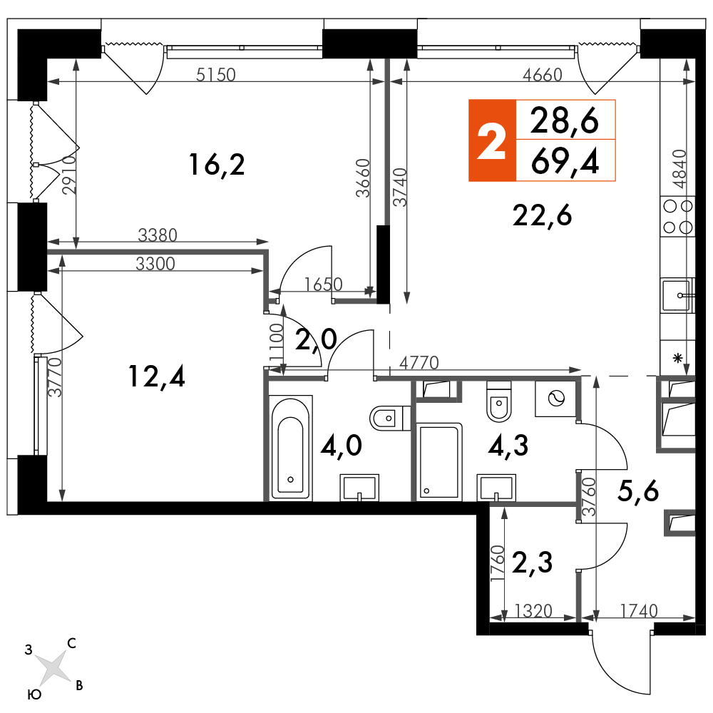 2 комн. квартира, 69.4 м², 2 этаж 