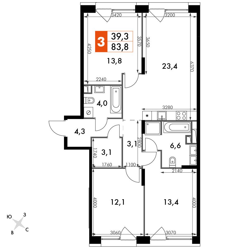 3 комн. квартира, 83.8 м², 2 этаж 