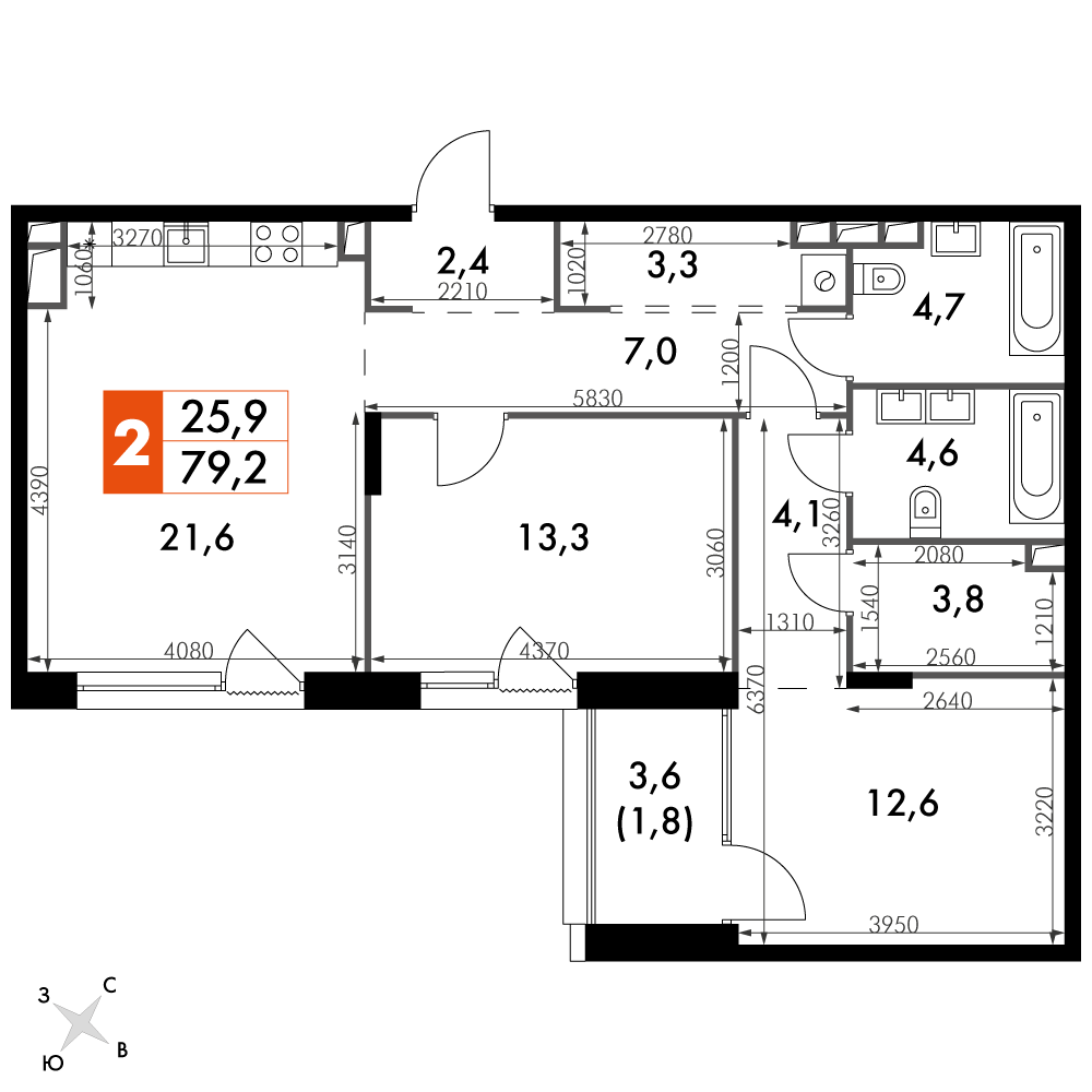2 комн. квартира, 79.2 м², 7 этаж 