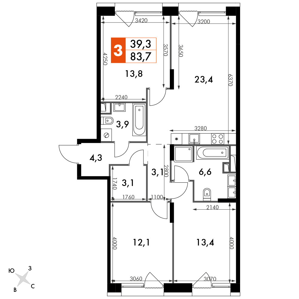 3 комн. квартира, 83.7 м², 8 этаж 
