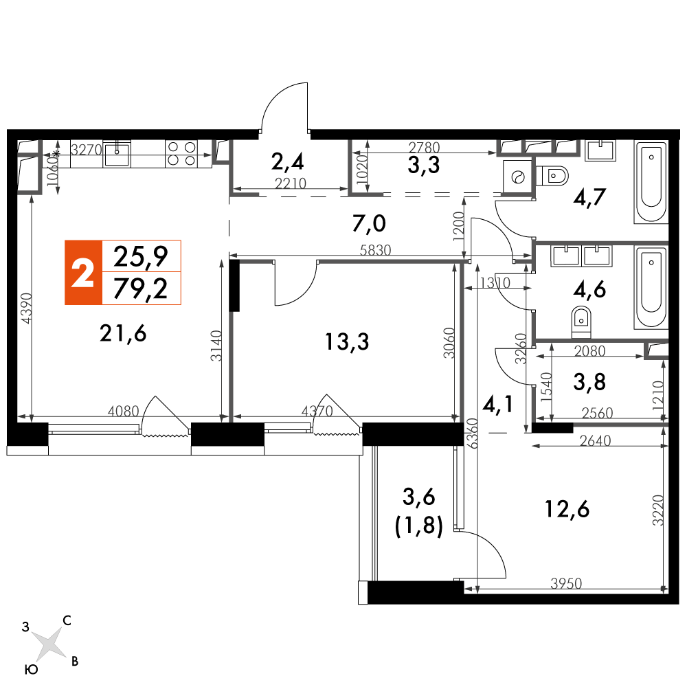 2 комн. квартира, 79.2 м², 12 этаж 