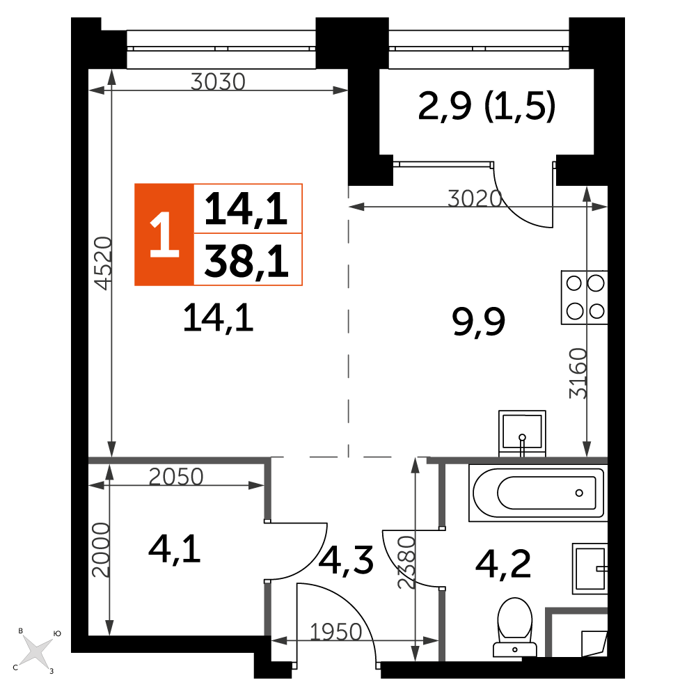 1 комн. квартира, 38.1 м², 22 этаж 