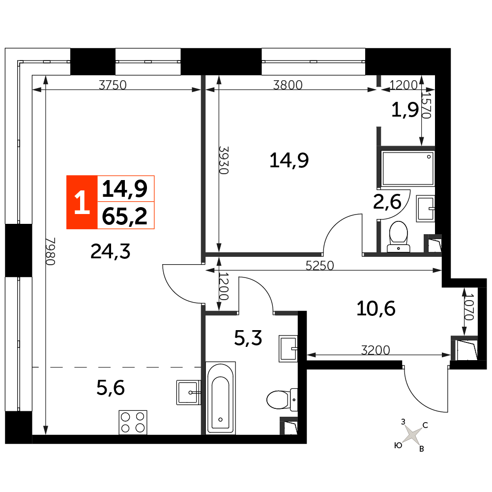 квартира со свободной планировкой, 65.2 м², 6 этаж 