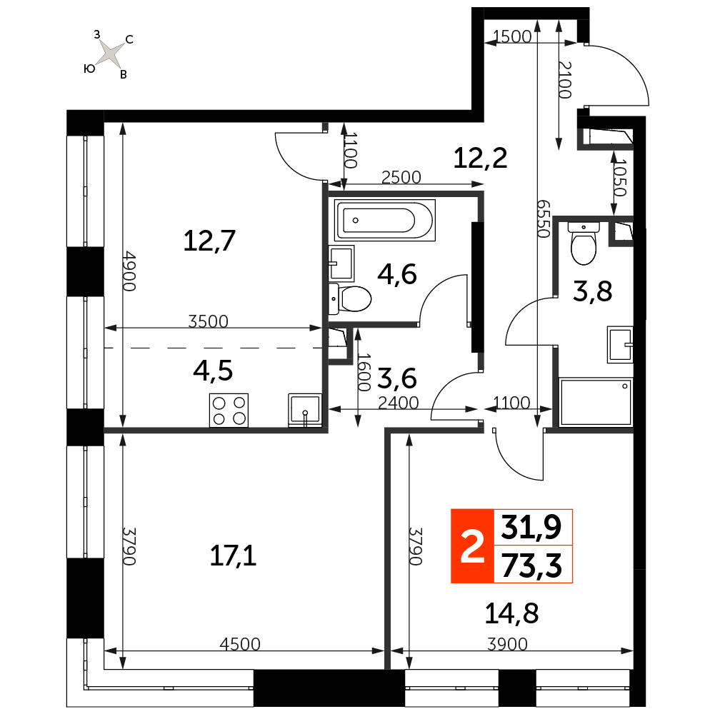 2 комн. квартира, 73.3 м², 7 этаж 