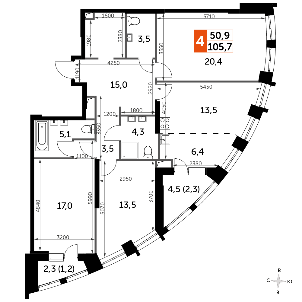 3 комн. квартира, 105.7 м², 22 этаж 