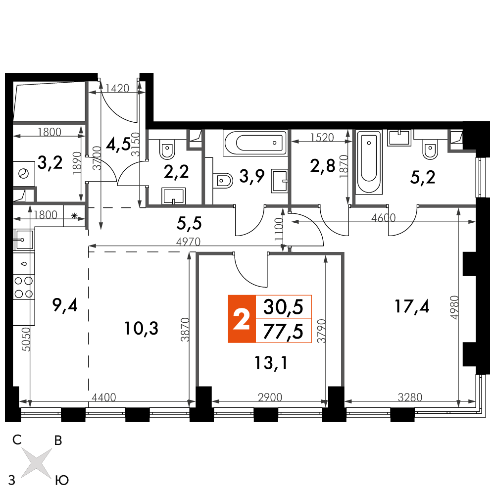 2 комн. квартира, 77.5 м², 4 этаж 
