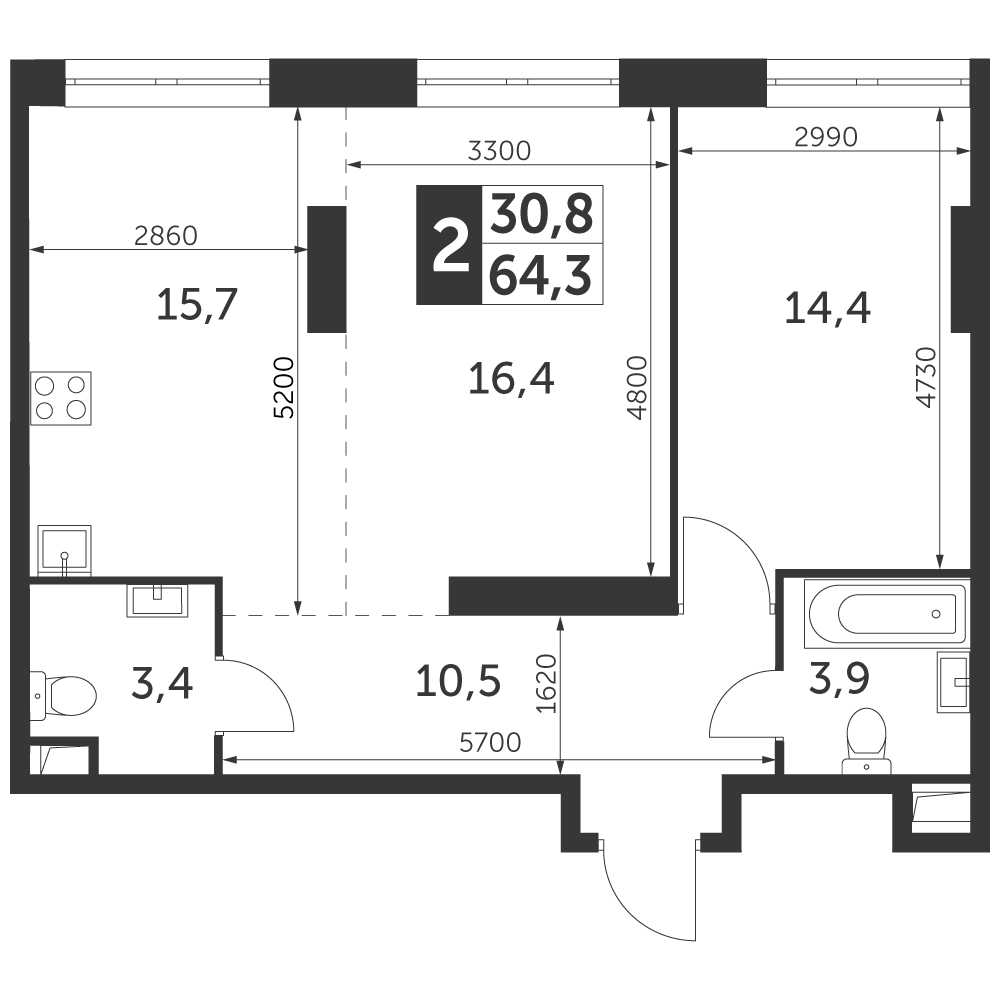 2 комн. квартира, 64.3 м², 30 этаж 
