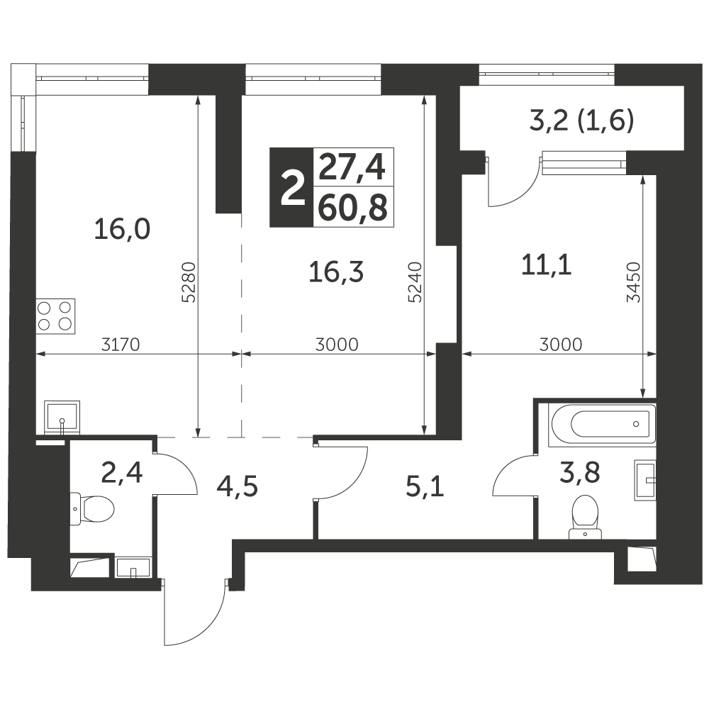 2 комн. квартира, 60.8 м², 4 этаж 