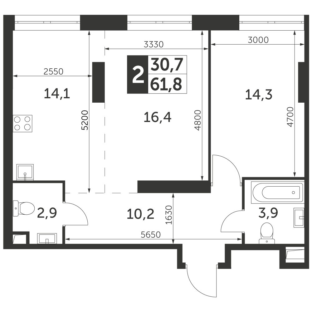 2 комн. квартира, 61.8 м², 4 этаж 