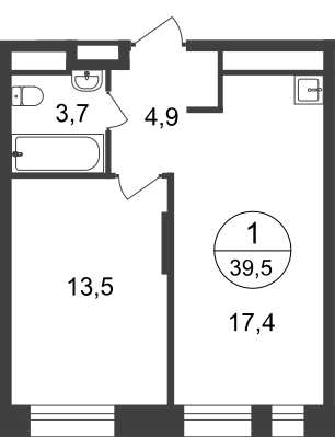 1 комн. квартира, 39.5 м², 2 этаж  (из 22)