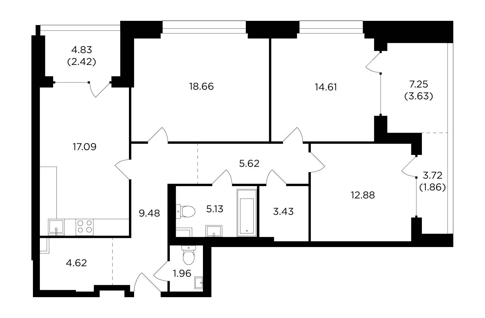 3 комн. квартира, 102.2 м², 2 этаж 