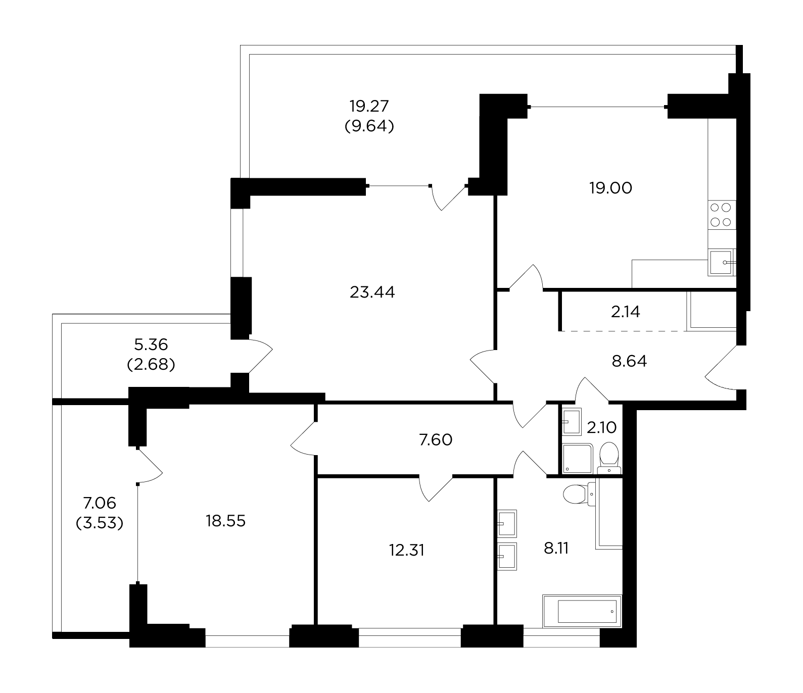 3 комн. квартира, 118.9 м², 25 этаж 