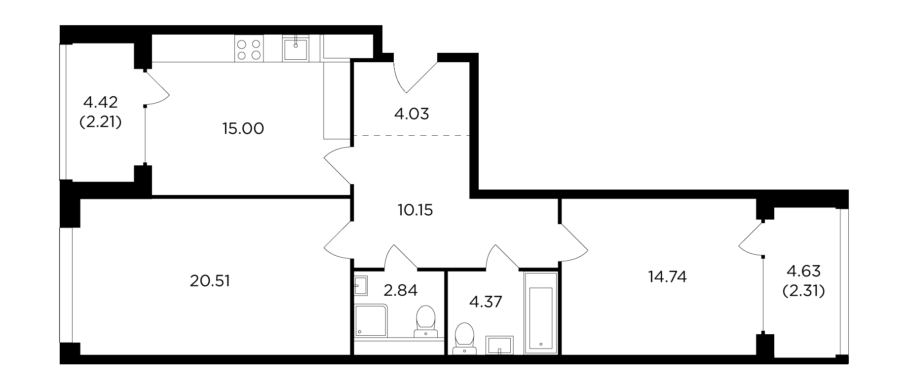 2 комн. квартира, 77.4 м², 13 этаж 