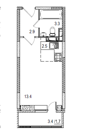 1 комн. квартира, 25.5 м², 1 этаж 