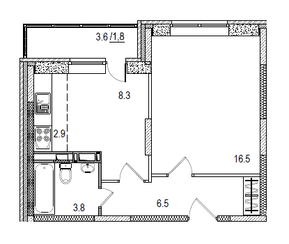 1 комн. квартира, 42 м², 6 этаж 