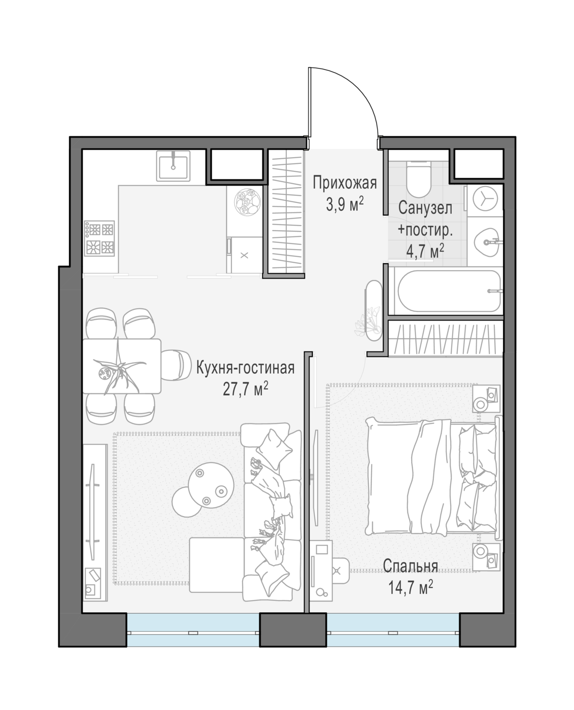 1 комн. квартира, 50.8 м², 8 этаж 