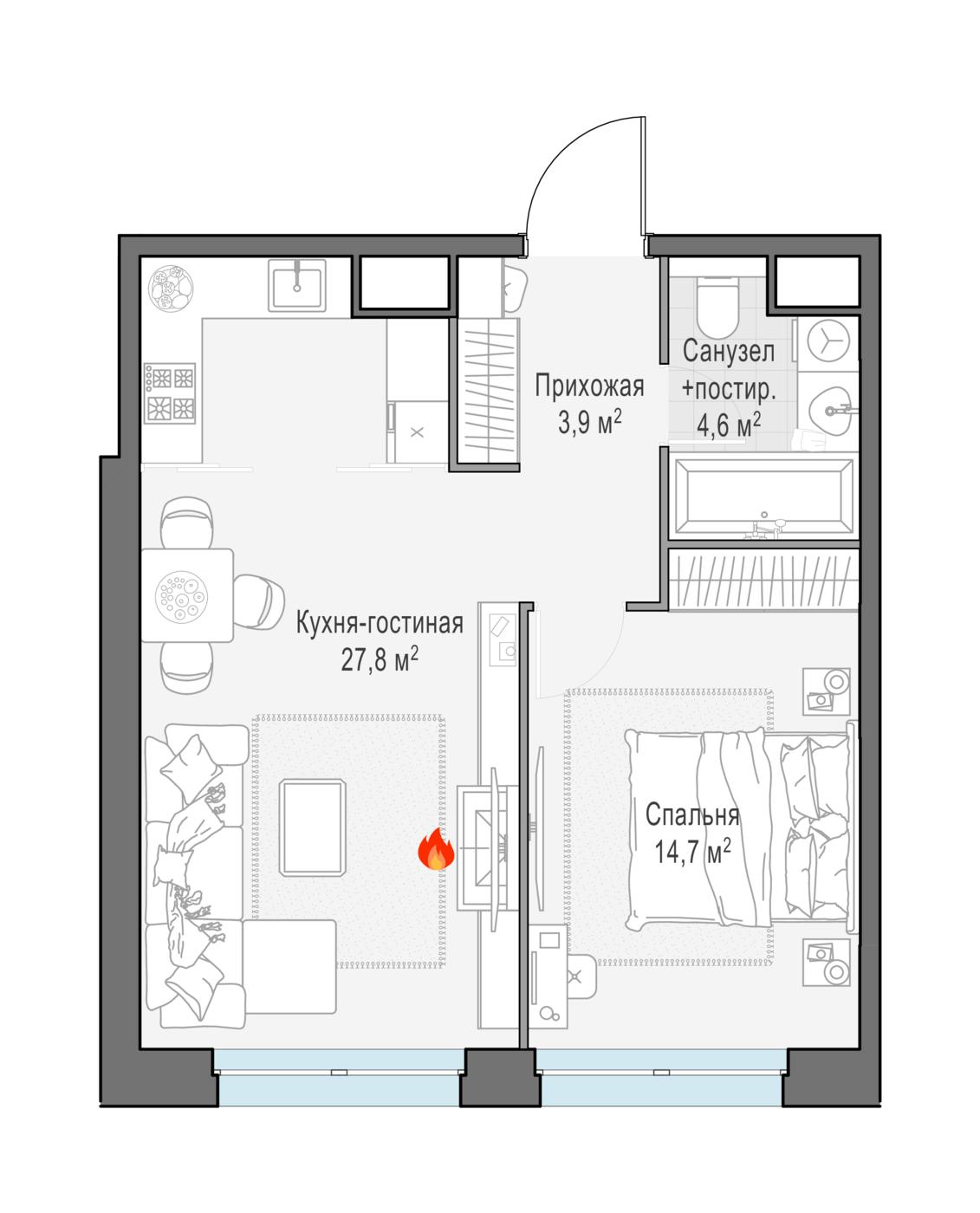 1 комн. квартира, 52.4 м², 14 этаж 