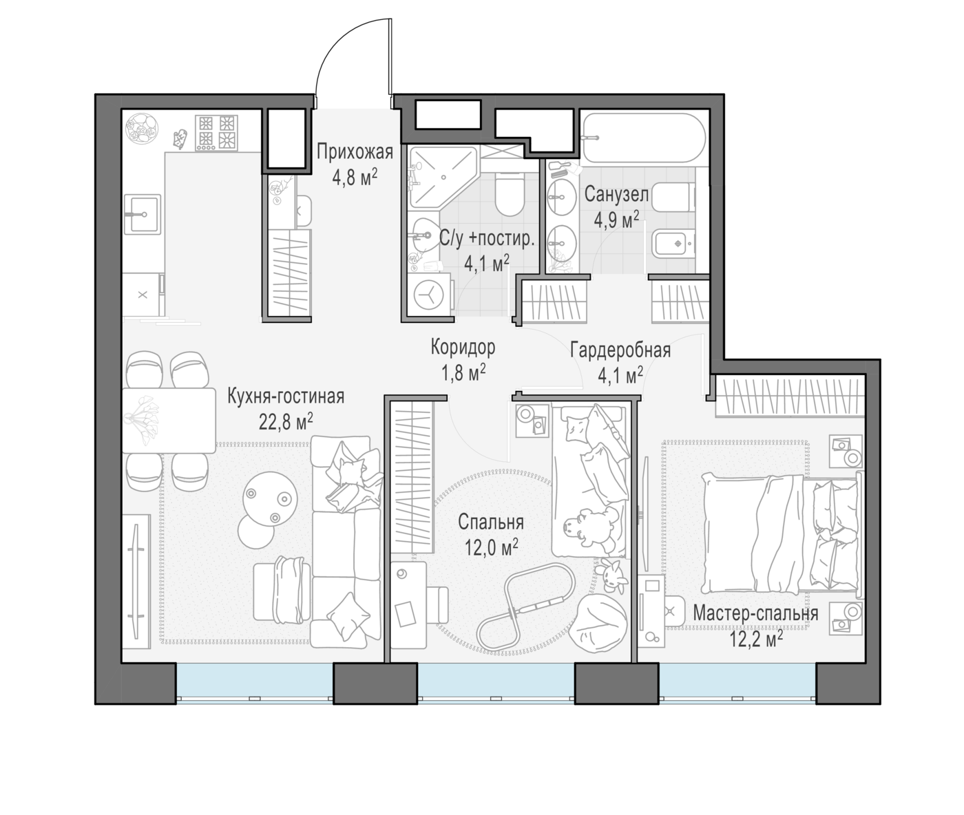 2 комн. квартира, 66.9 м², 9 этаж 