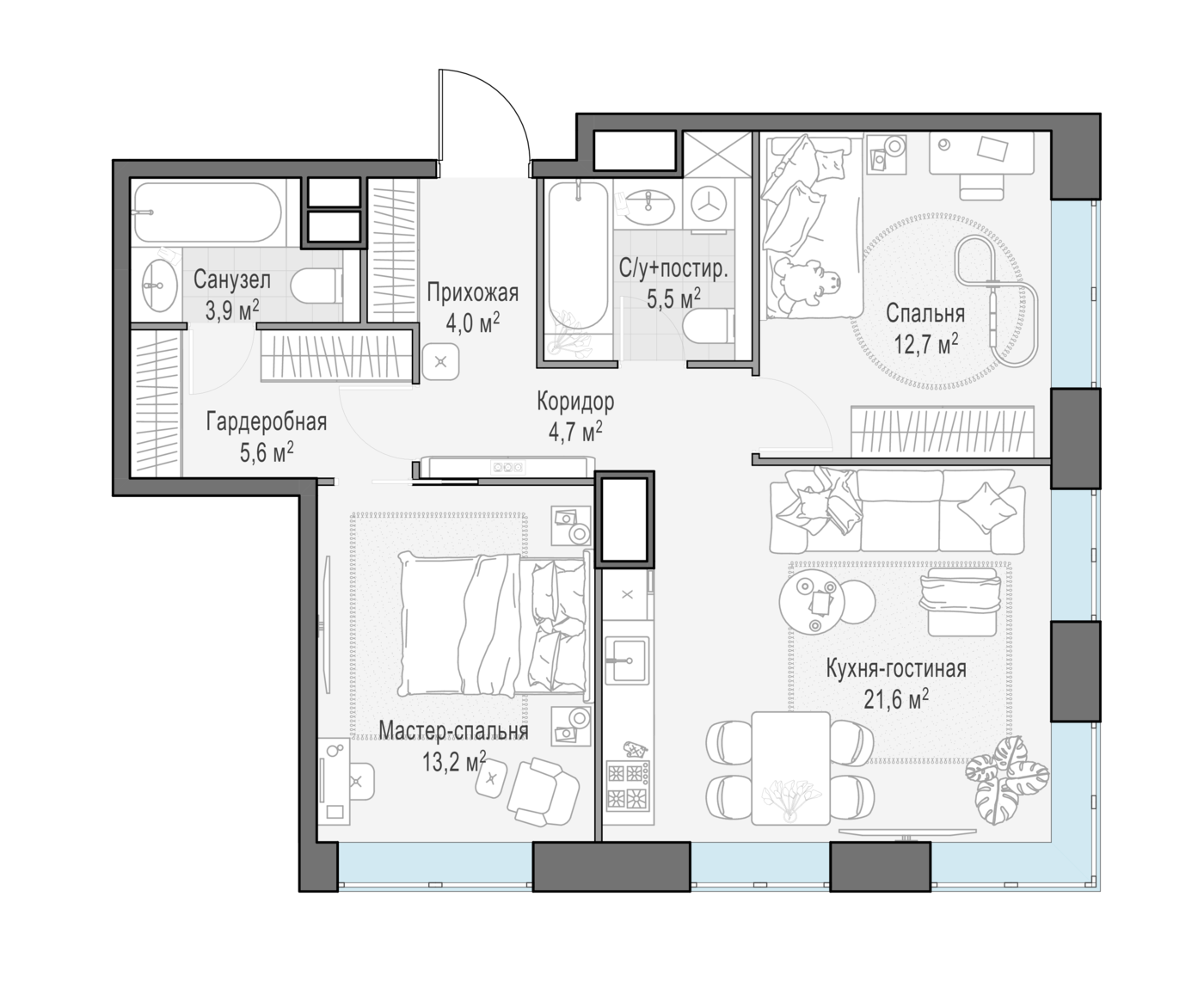 2 комн. квартира, 71.3 м², 13 этаж 