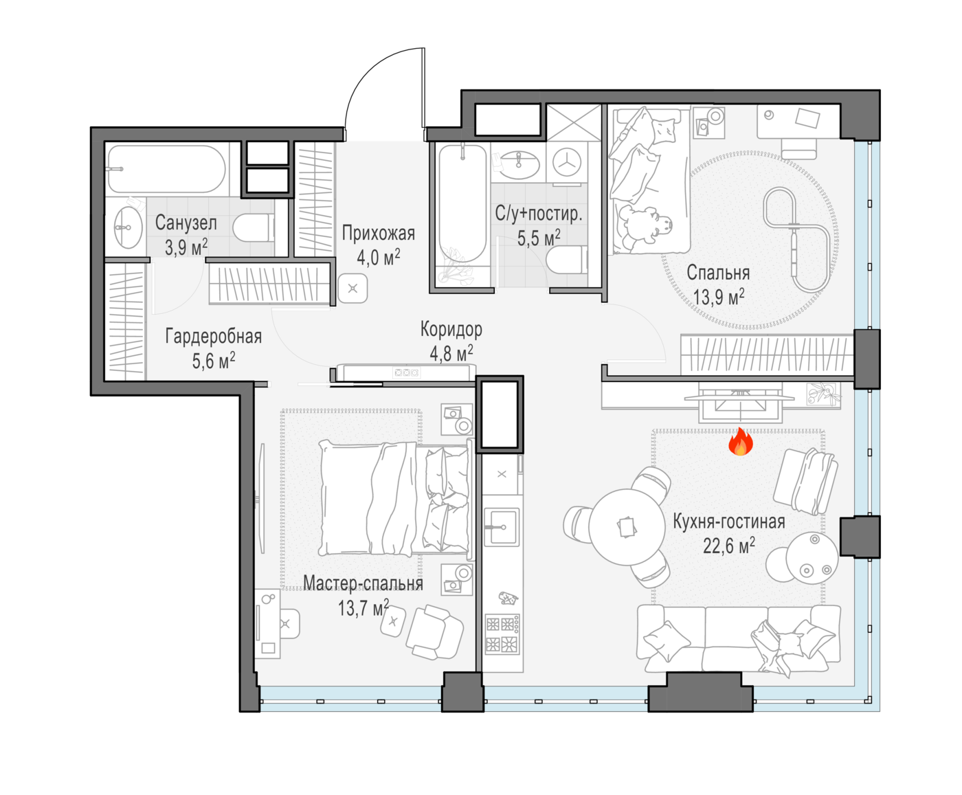2 комн. квартира, 74.4 м², 14 этаж 