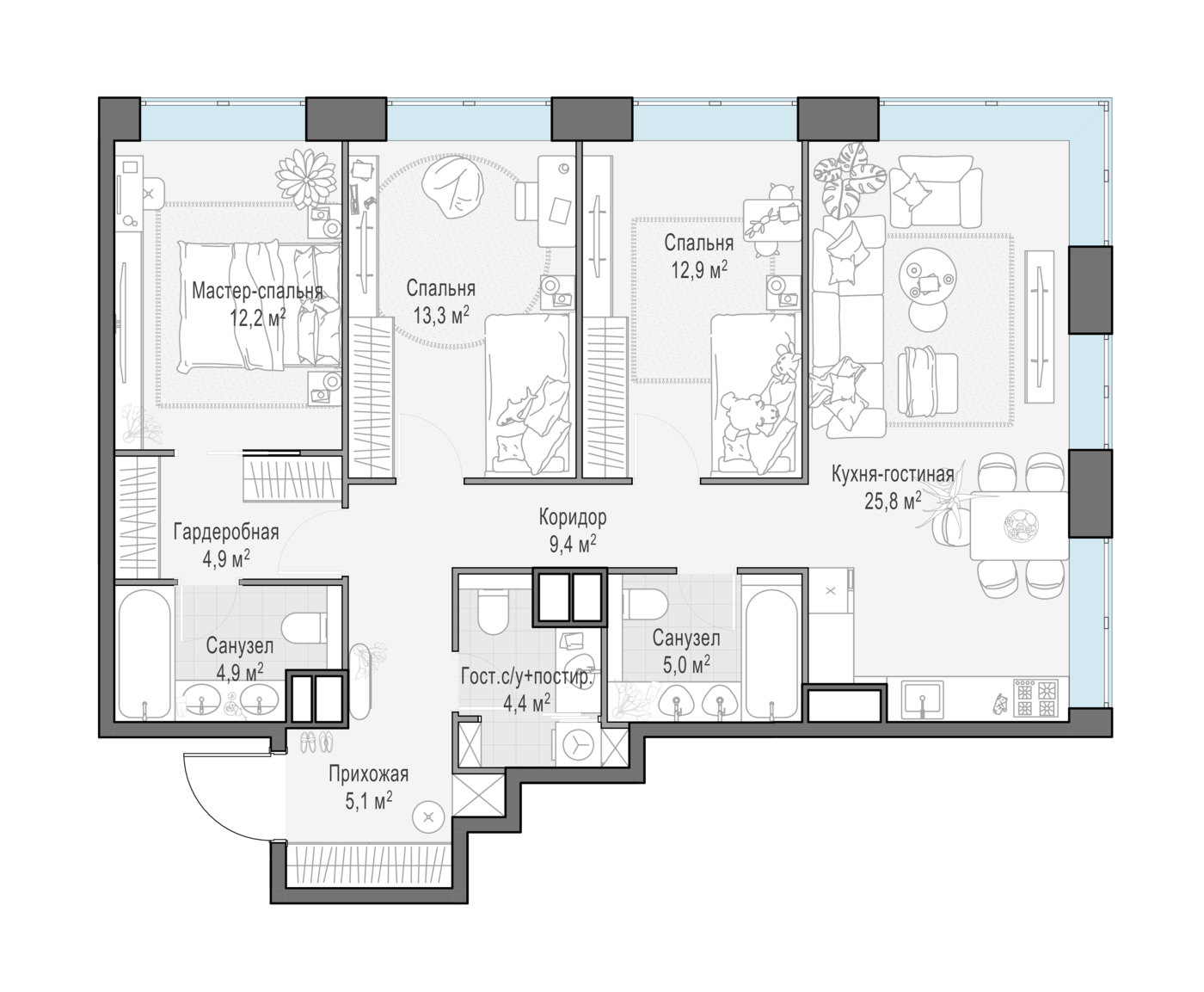 3 комн. квартира, 95.6 м², 10 этаж 