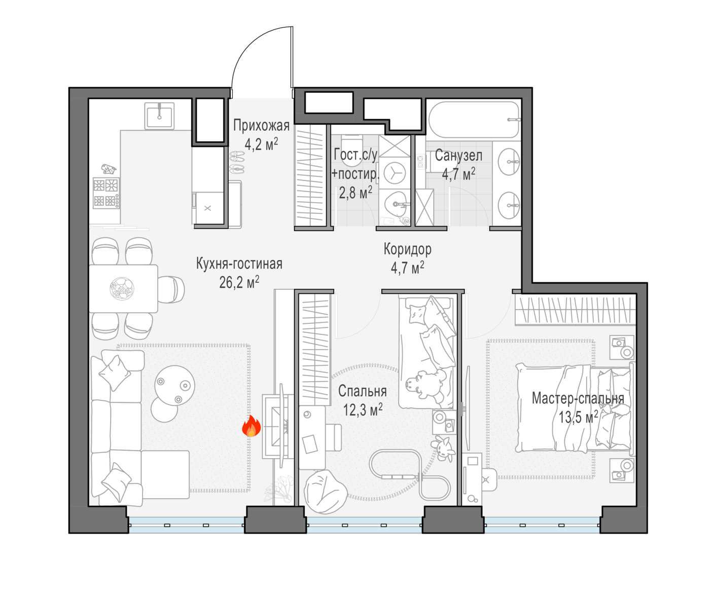 2 комн. квартира, 68.4 м², 14 этаж 