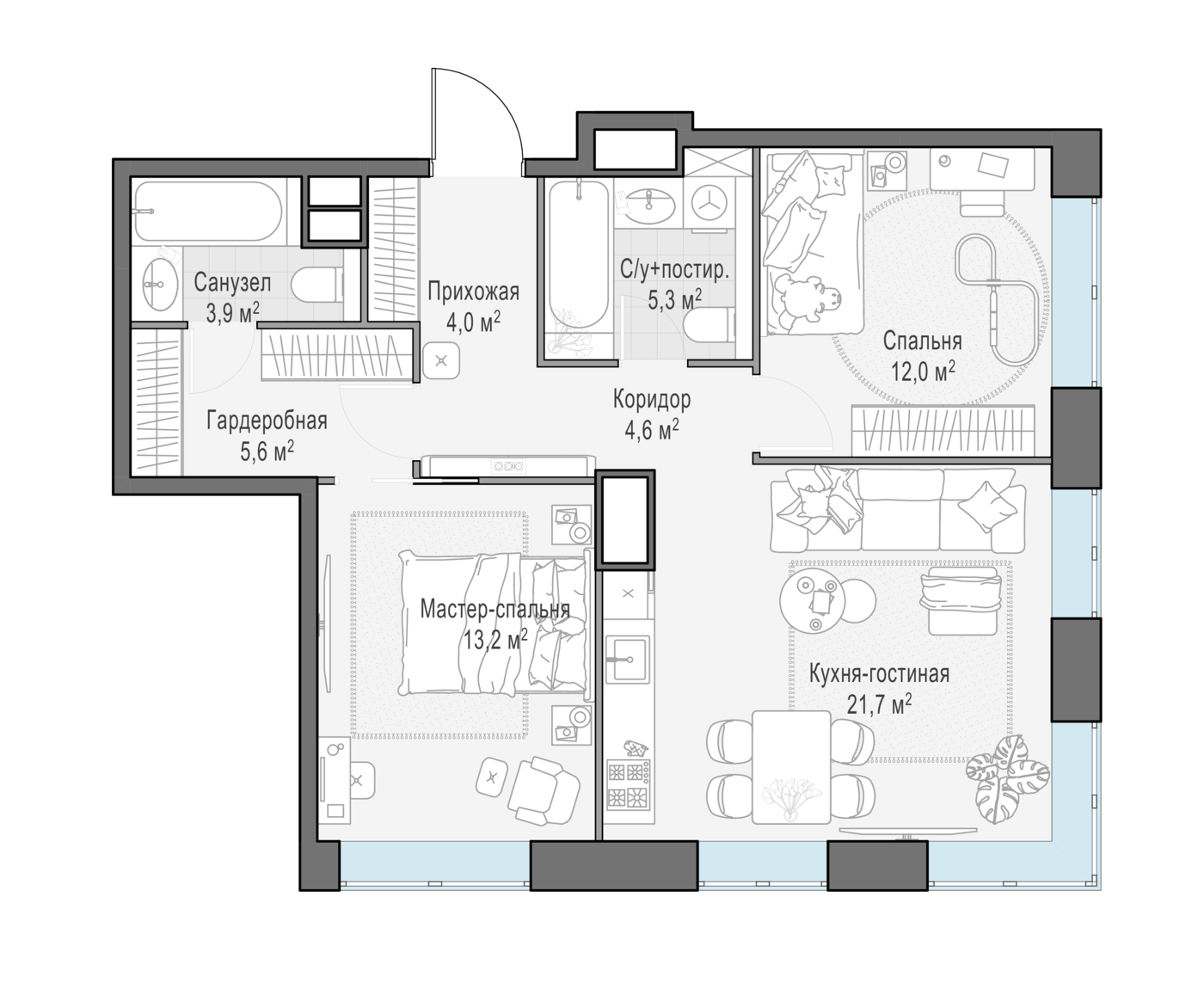 2 комн. квартира, 70.3 м², 12 этаж 
