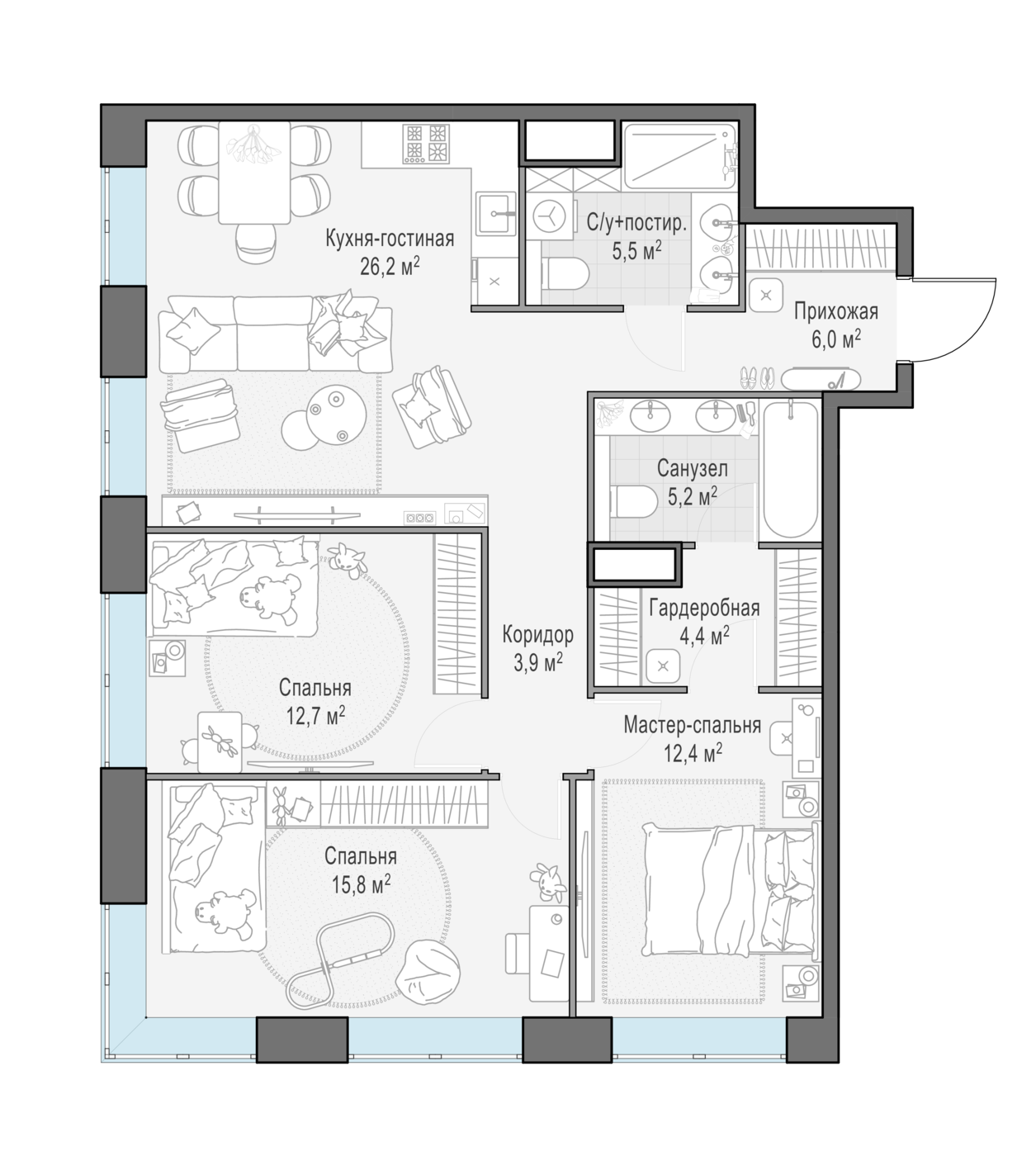 3 комн. квартира, 92.1 м², 13 этаж 