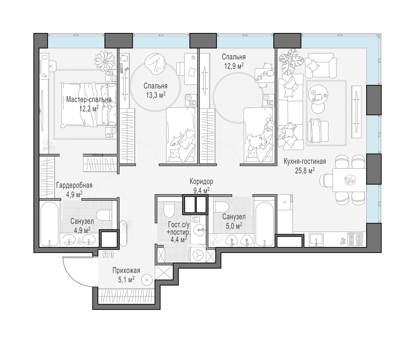 3 комн. квартира, 97.9 м², 11 этаж 