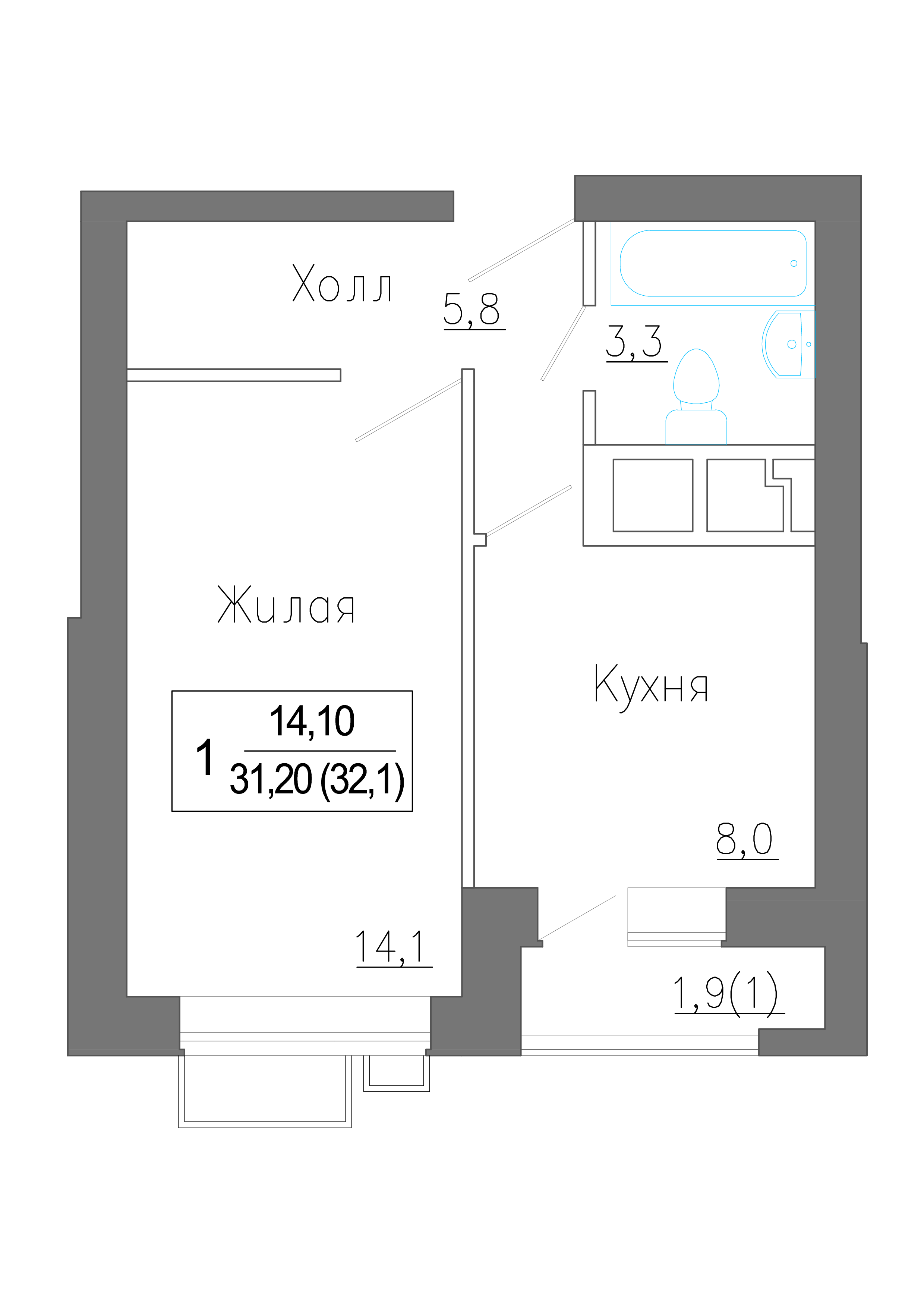1 комн. квартира, 32.1 м², 1 этаж 
