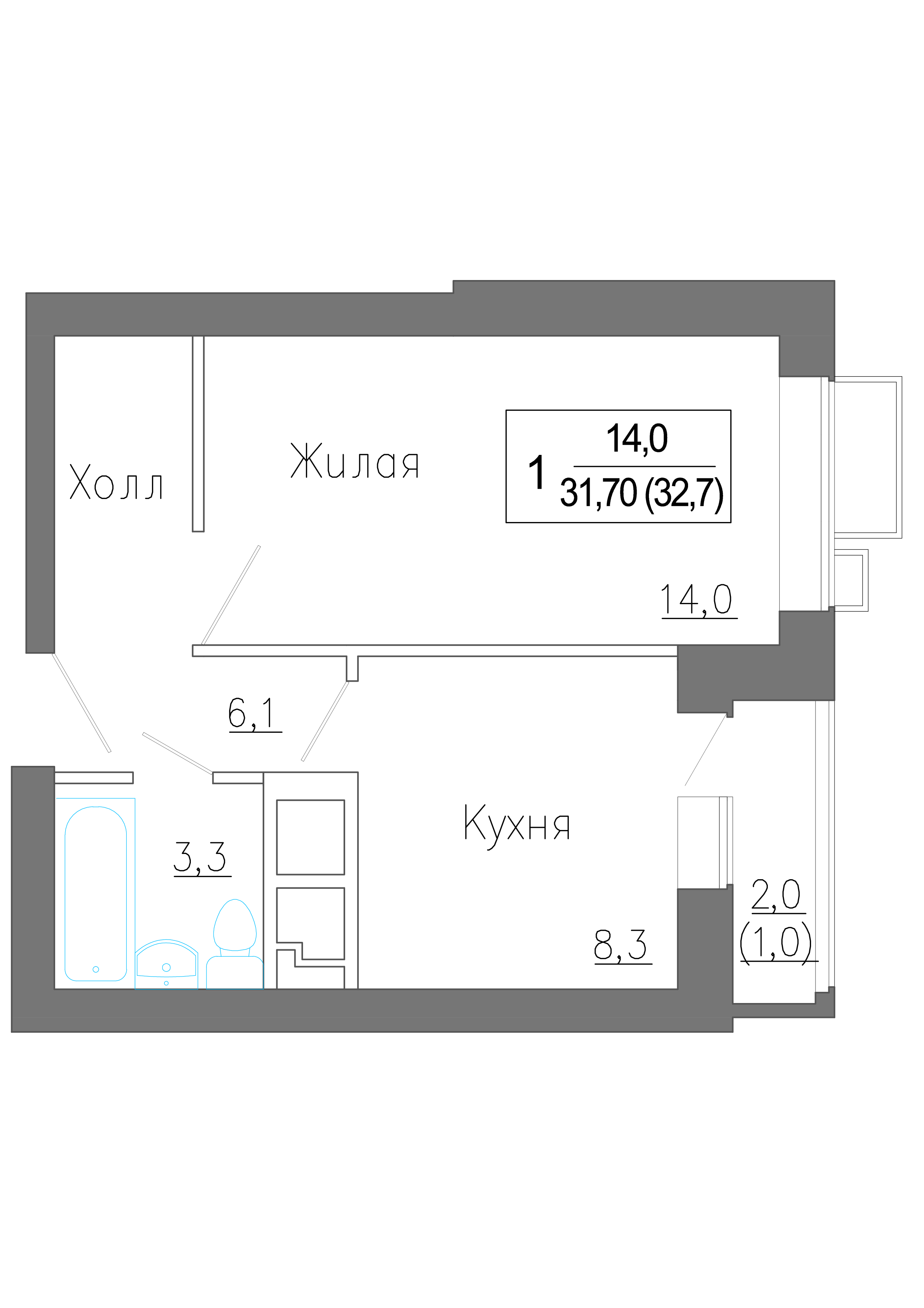 1 комн. квартира, 32.7 м², 3 этаж 
