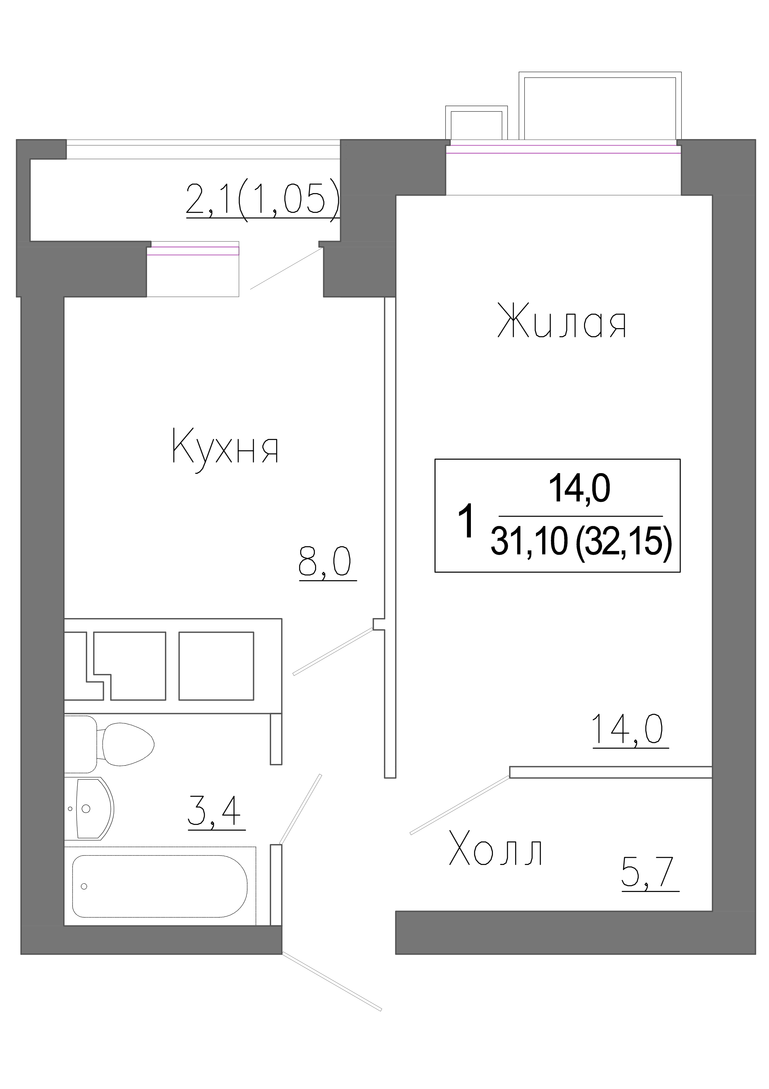 1 комн. квартира, 32.1 м², 3 этаж 